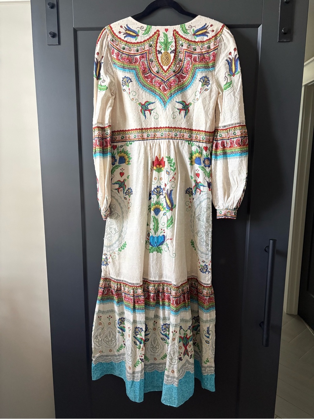 Farm Rio Boho Floral Embroidered Maxi Dress in Ivory and Teal - Picture 7 of 12